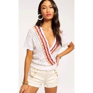 Ramy Brook White Crochet Blouse with Pink and Gold Accents